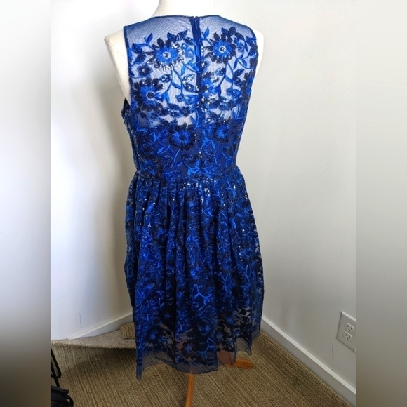 MARINA Blue Mesh And Sequin Sleeveless Dress 10 Illusion Floral Cocktail - Picture 10 of 13